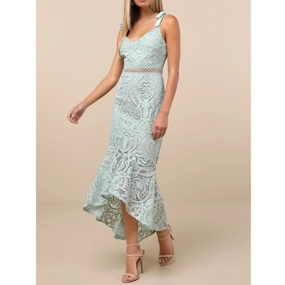NWT Lulus Won Your Heart Sage Green Lace Tie-Strap High-Low Midi Dress Small
